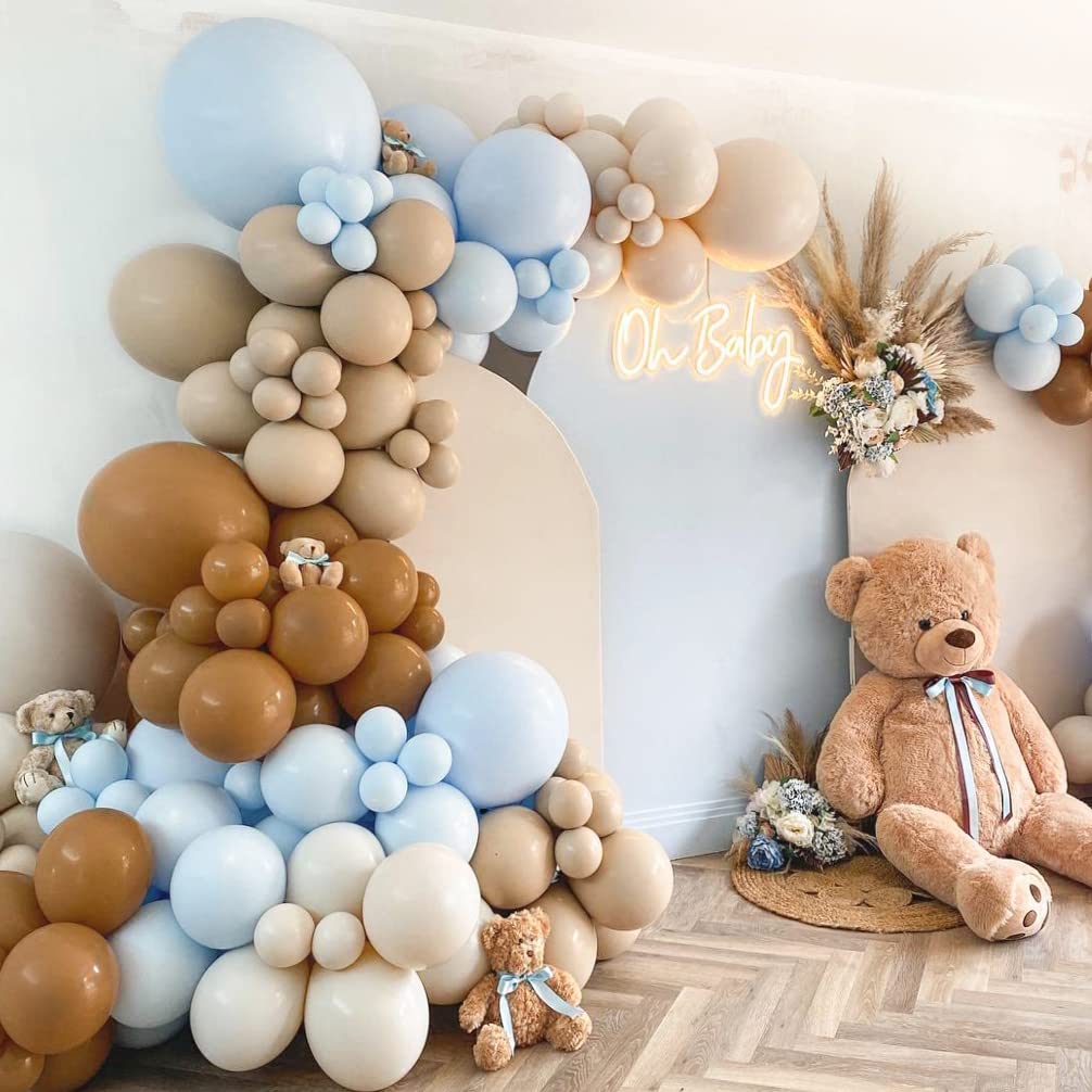 Brown and blue balloon arch