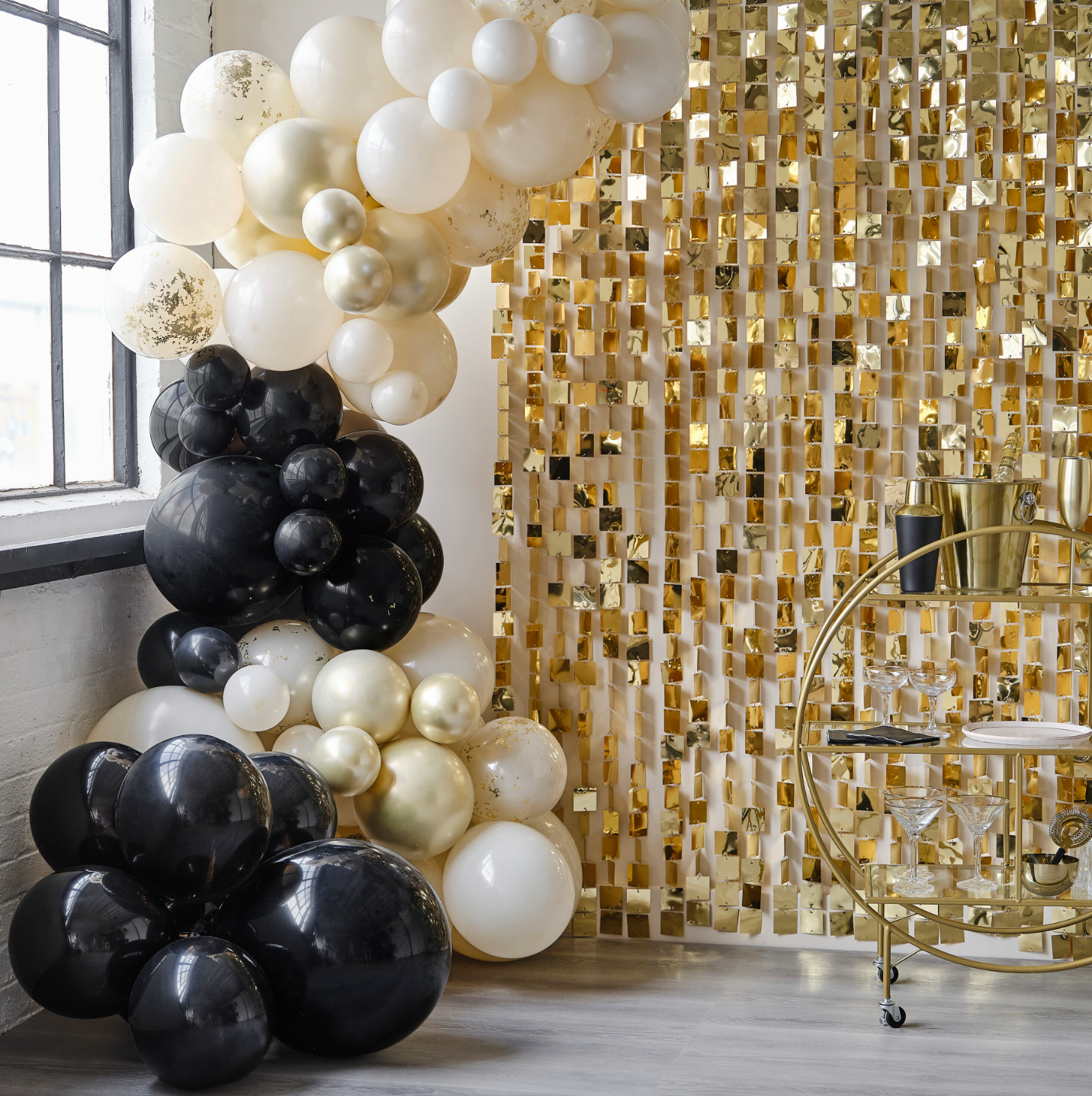 Luxe Black, Nude and Champagne Gold Balloon Arch