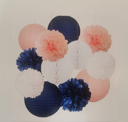 Party pompom paper decoration, pink, dark blue and  white