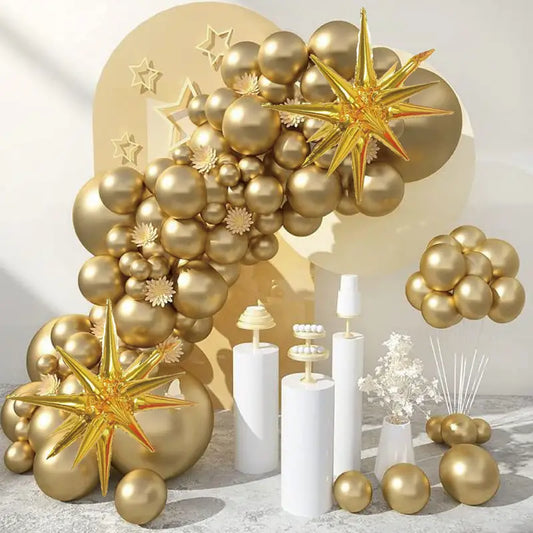 Gold balloon arch with explosive star foil